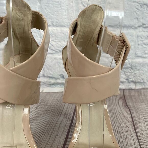 Aldo women 6 patent leather open toe wide strap buckle heels beige - Picture 4 of 11
